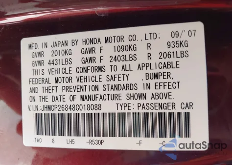 2008 Honda Accord Exl from USA, damaged, VIN JHMCP26848C018088
